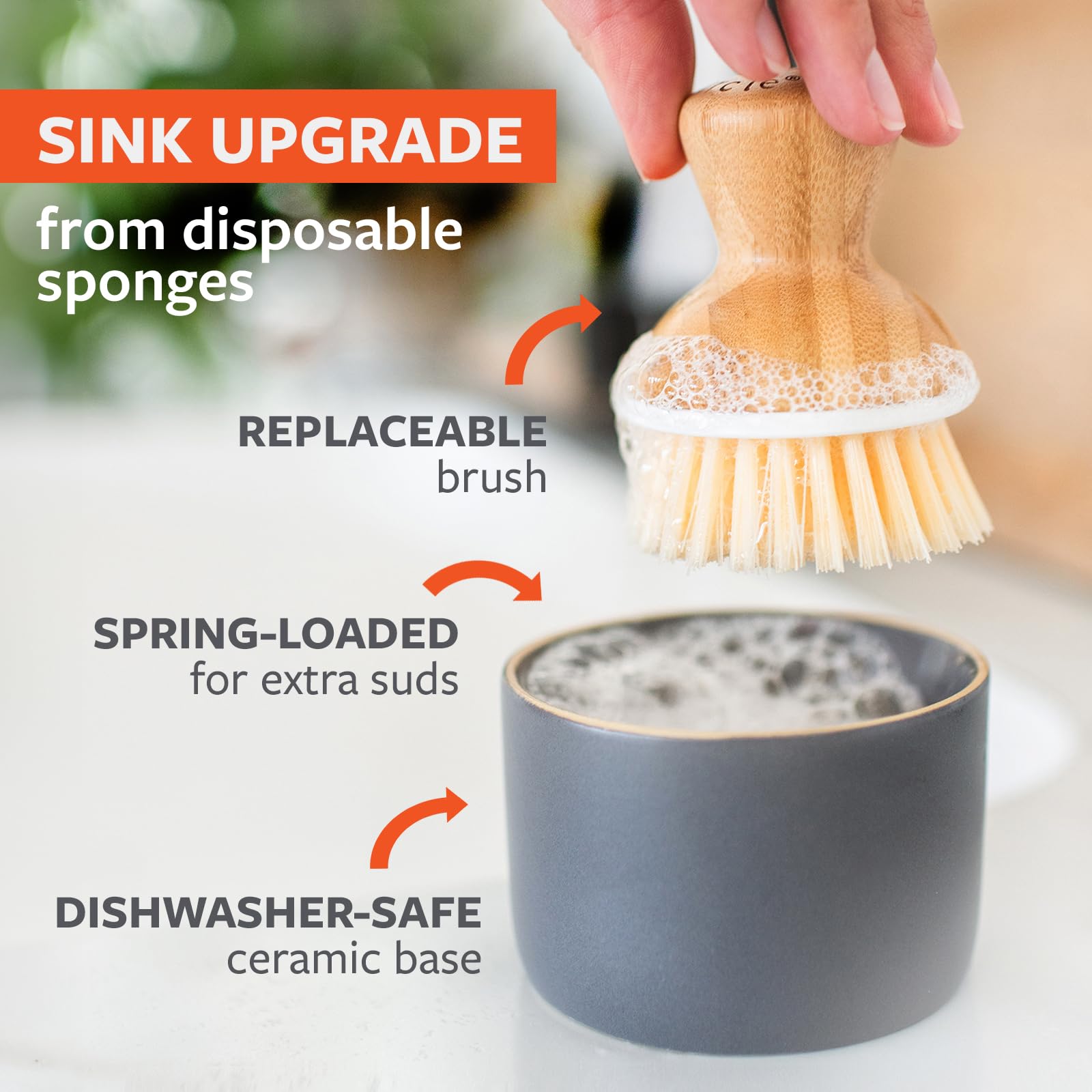 Full Circle Bubble Up Ceramic Soap Dispenser & Bamboo Dish Brush, Green/White