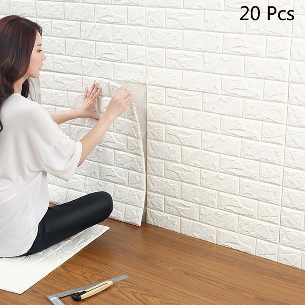 20 Pcs Stickers Muraux 3d Brique, YTAT Papier Peint Briques 3d, DIY Auto-Adhésif Autocollants Papier Peint Stickers Imitation Brique Décoration pour la Maison Chambre, Salle de Bain, Salon, Cuisine, 60*60cm (20)