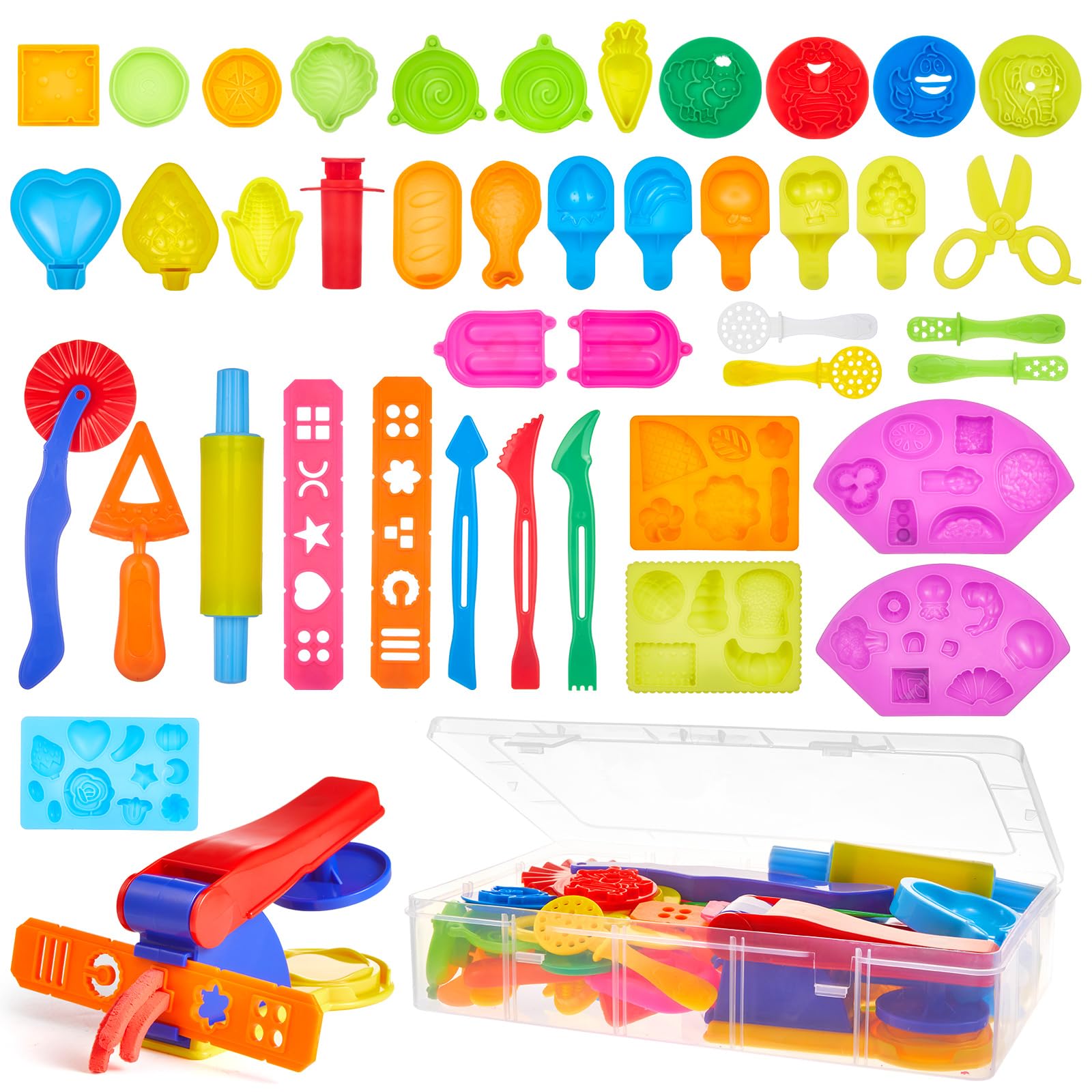 Lictin Clay Dough Tools Kit, 43Pcs Clay Modelling Tool Kit Includes Stamp, Extruder, Rollers, Cutters Molds, Multicolored Plastic Dough Play Tools Accessories (Vegetable, Fruits and Food Series)