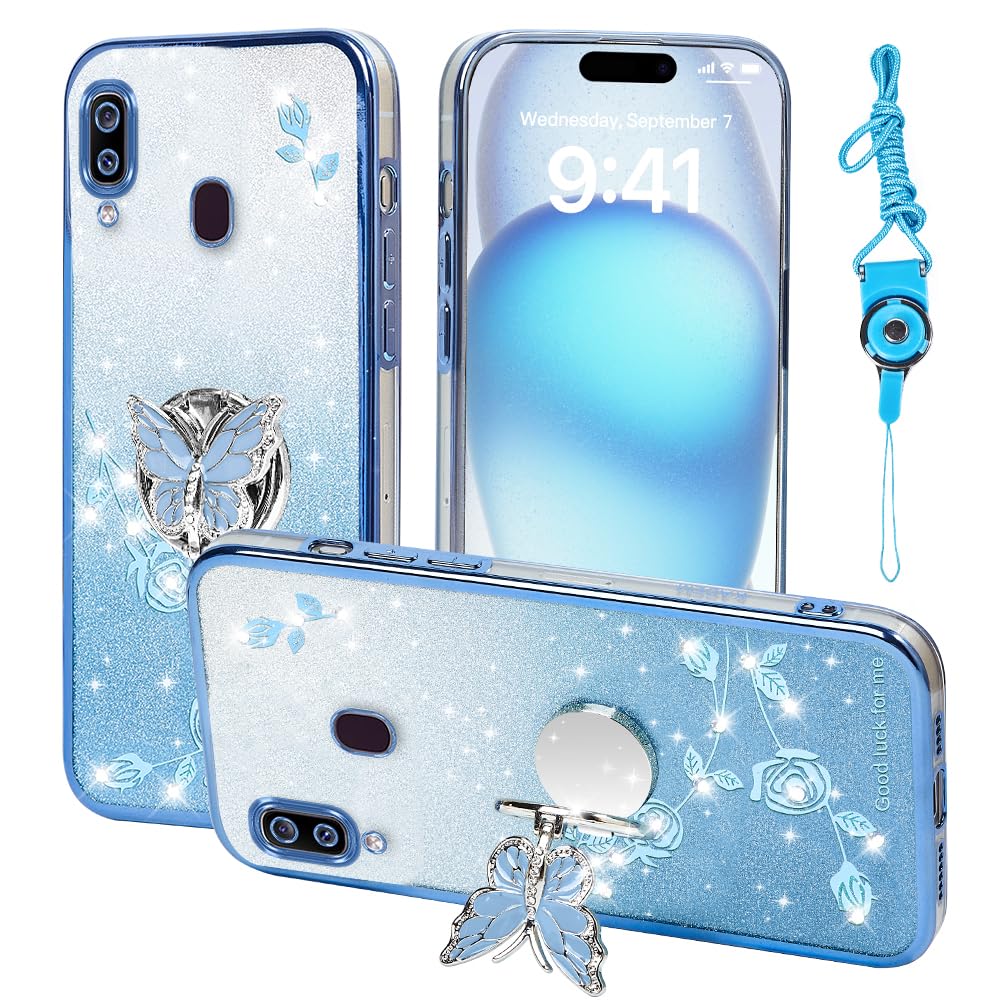 RTYQXK for Samsung Galaxy A20 Phone Case,for Samsung A30 Mobile Phone Case for Women and Girl, Glitter Butterfly Floral TPU Protective Cover with Kickstand+Strap for Samsung A20/A30 (Blue)