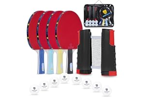 MOOTHLION Ping Pong Paddle Set, Portable Table Tennis Paddles, with Retractable Net, 4 Table Tennis Rackets, 8 Balls, Indoor and Outdoor Play Accessories Kit, Compact Storage Case
