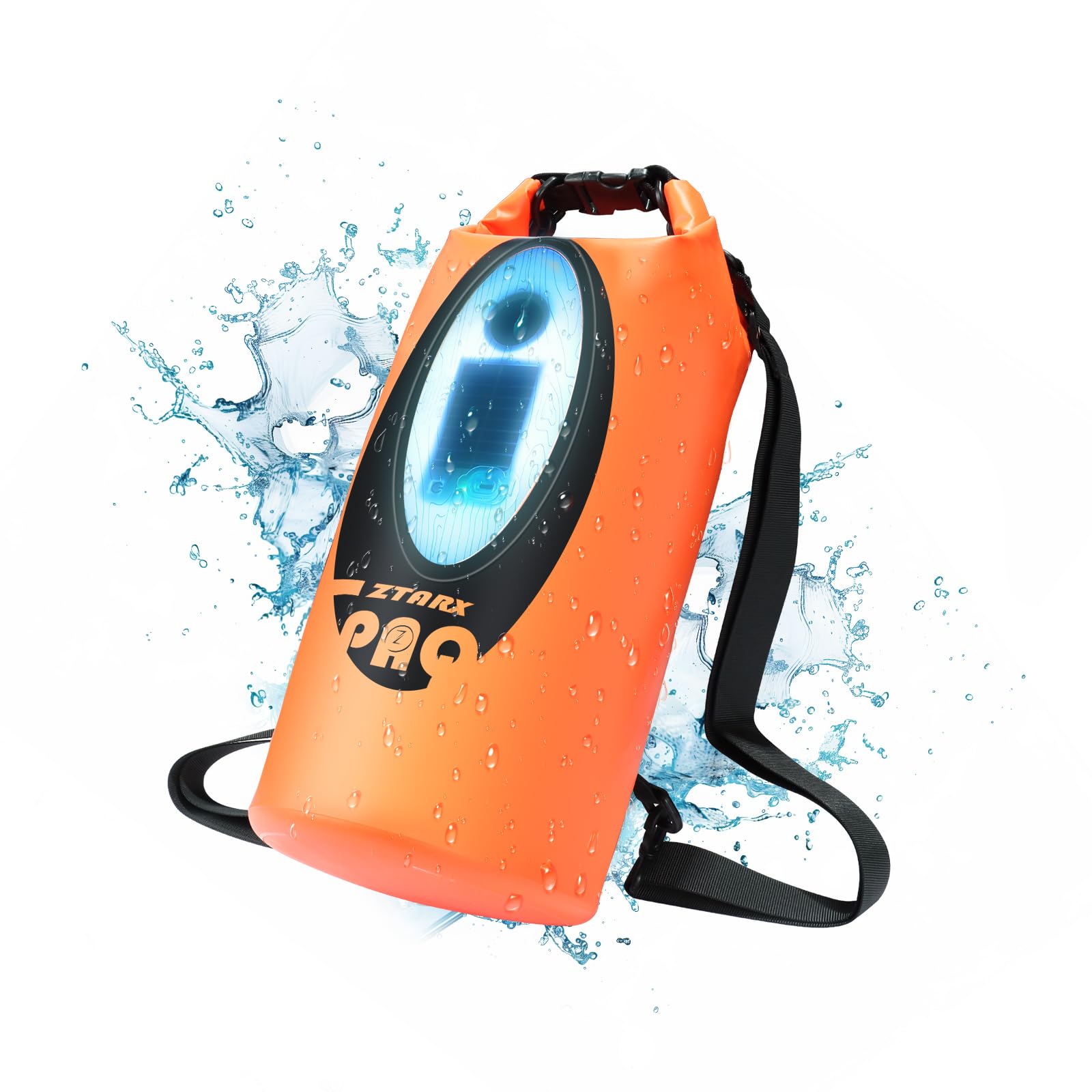 LexonElec X ZTARX Waterproof Dry Bag, 10L Roll Top Dry Sack with Solar Charging & Bluetooth Speaker & LED Light, Floating Backpack Keep Things Dry for Kayaking, Climbing, Camping, Seaside - Orange