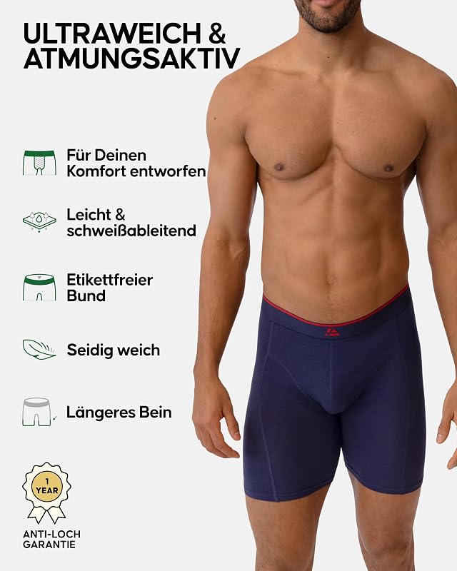Bambus Boxershorts Herren, Lang, 3er & 6er Pack, Mehrfarbig (2xSchwarz/Rot, 2xMarineblau, 2xWeiß), L