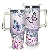 Thmasamwr Butterfly Tumbler With Lid, Straw and Handle - 40oz Stainless Steel Travel Coffee Mug Water Bottle - Gift Cup for Women and Girls