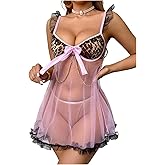 OYOANGLE Women's Leopard Print Sheer Ruffle Lingerie Dress Split Backless Strap Chemise Nightgowns Babydoll Sleepwear