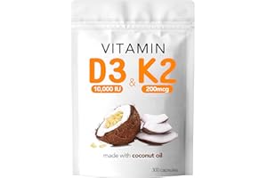 VEV Vitamin D3 K2 10000 IU, 300 Virgin Coconut Oil Softgels | 2 in 1 Vitamins D & K Complex | Supports Calcium Absorption, Bone Health, Immune Support, Easy to Swallow (Packaging May Vary)