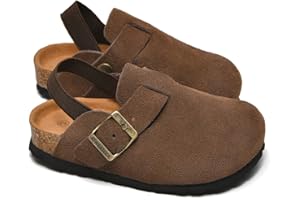 AFWIE Kids Genuine Leather Toddler Clogs，Clogs for Boys Girls Cork Footbed Arch Support Slip Resistant Mules Adjustable Buckle,Non-Slip Slippers,Sandals for Boys Girls