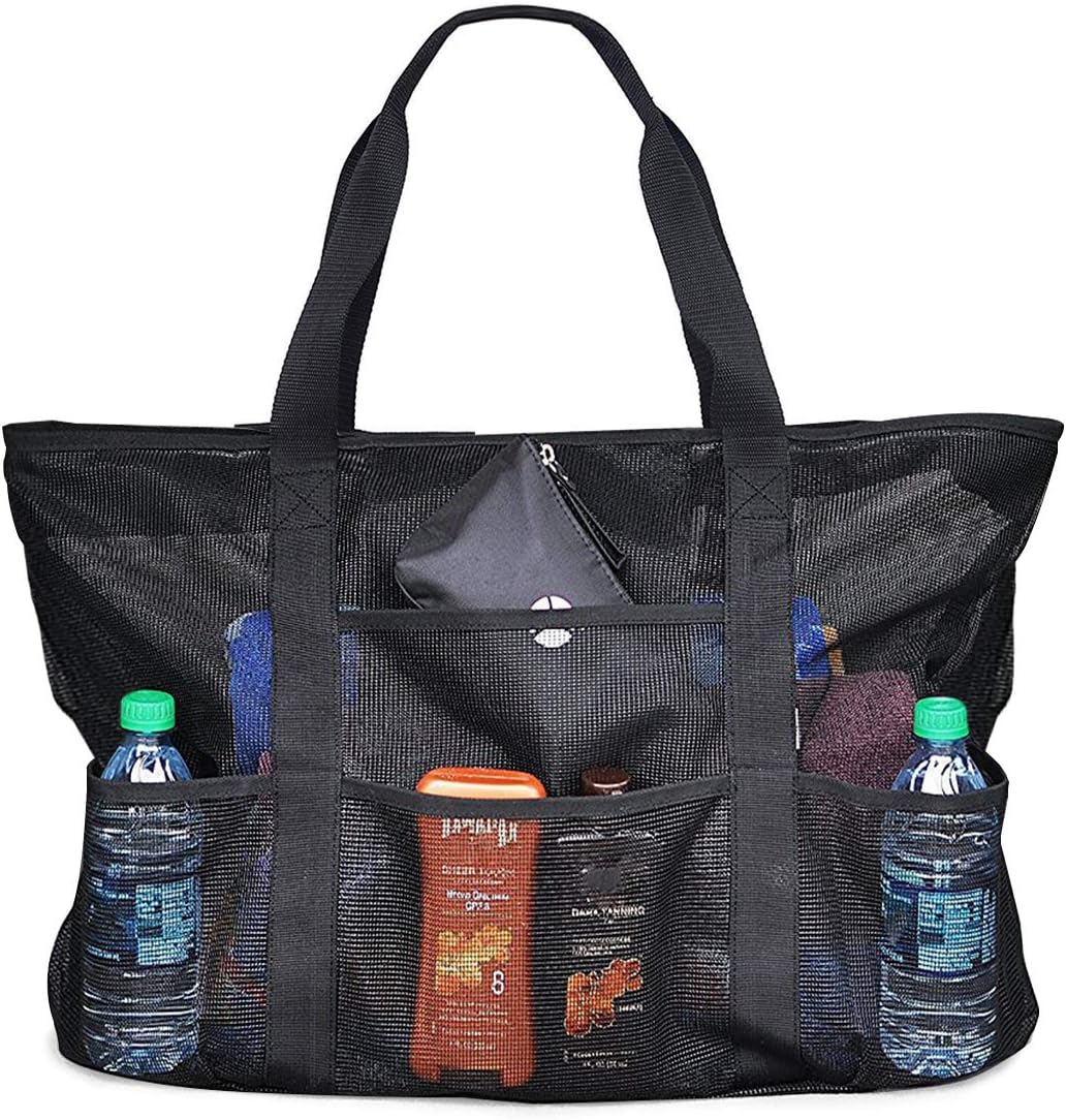 azamp Mesh Beach Tote Bag, Multi-Functional Shoulder Bag Reusable Large Folding Toys Storage Bags Lightweight Beach Bag for Outdoor Family Beach Holiday Swimming Pool Organizer Net Bag(Black)