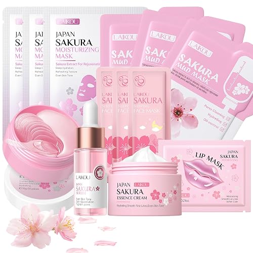 LAIKOU Skin Care for Teenage Girls, Sakura Skincare Set, Pamper Sets for Women Gifts, Facial Skin Care Sets & Kits - Face Serum,Face Cream,Sleep Mask,Eye Mask,Mud Mask,Sheet Mask,Lip Mask, 13PCS