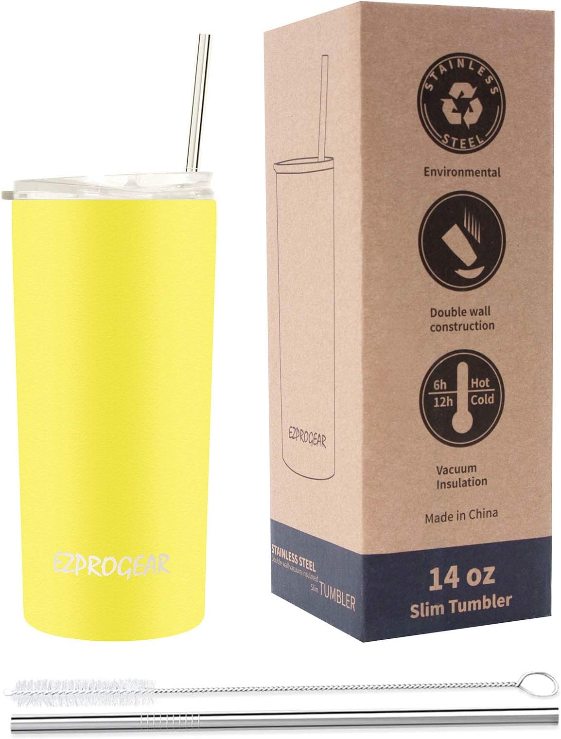 Ezprogear 14 oz 1 Pack Neon Yellow Stainless Steel Slim Skinny Tumbler Vacuum Insulated with Straw (14 oz, Neon Yellow)
