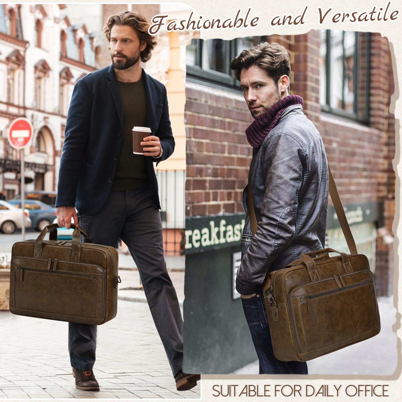 RAINSMORE Mens Laptop Bag 16 Inch Leather Briefcase Vintage Messenger Bag for Men Large Crossbody Shoulder Office Computer Bag Retro College Satchel Bag for Work, Business,Travel, Brown