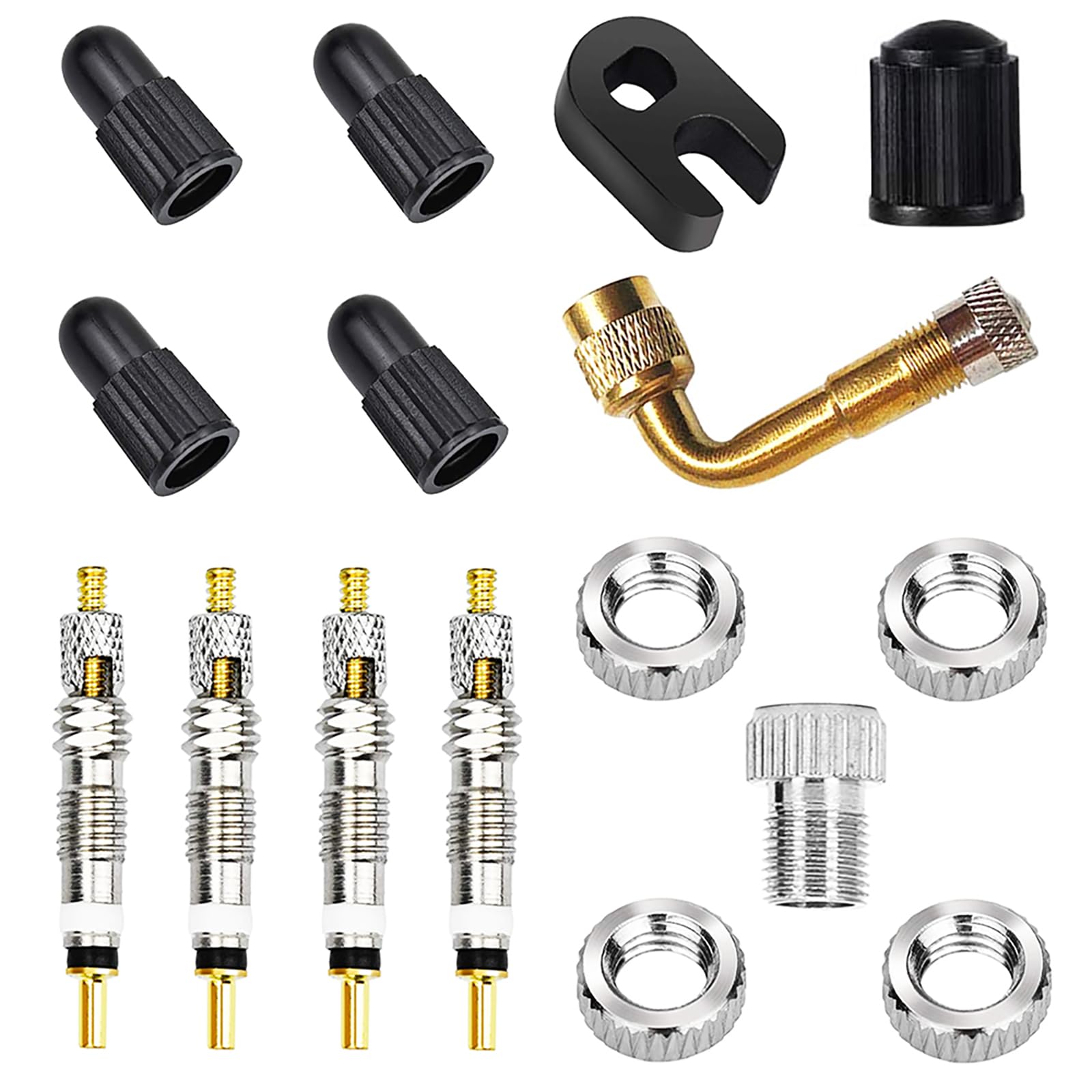 Universal Presta Valve Core Replacement Set, CTRICALVER French Valve Core, Lock Brass Valve Adapter and Plastic Caps Set, For Road and MTB Bike(16 pcs)