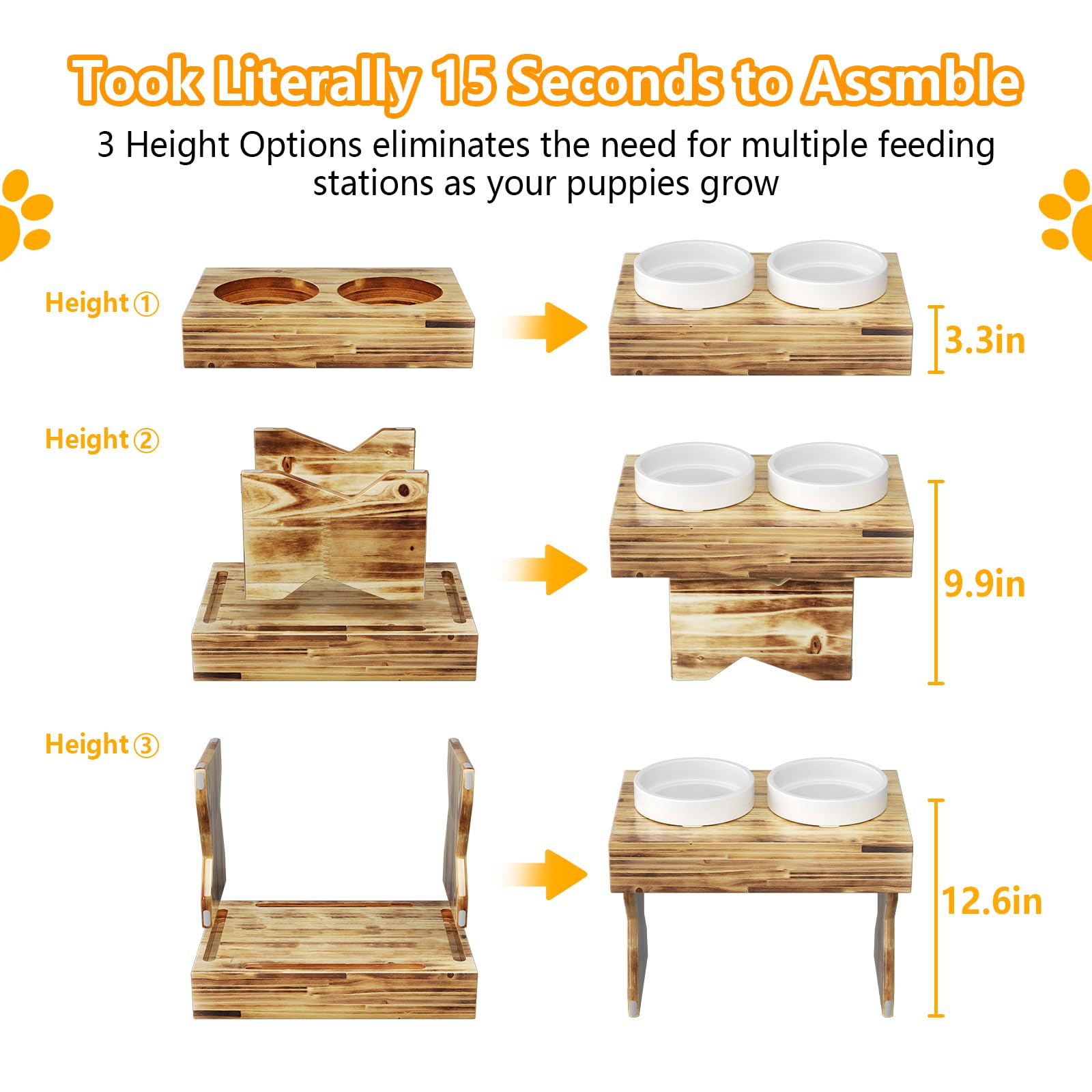 AMENER Elevated Dog Bowls for Medium/Large Dogs with Non-Slip Mat, 3 Height Adjustable Wood Stand Dog Raised Bowl with 2 Ceramic Pet Food Water Bowls(1.5L/50oz*2) (Lightwood)