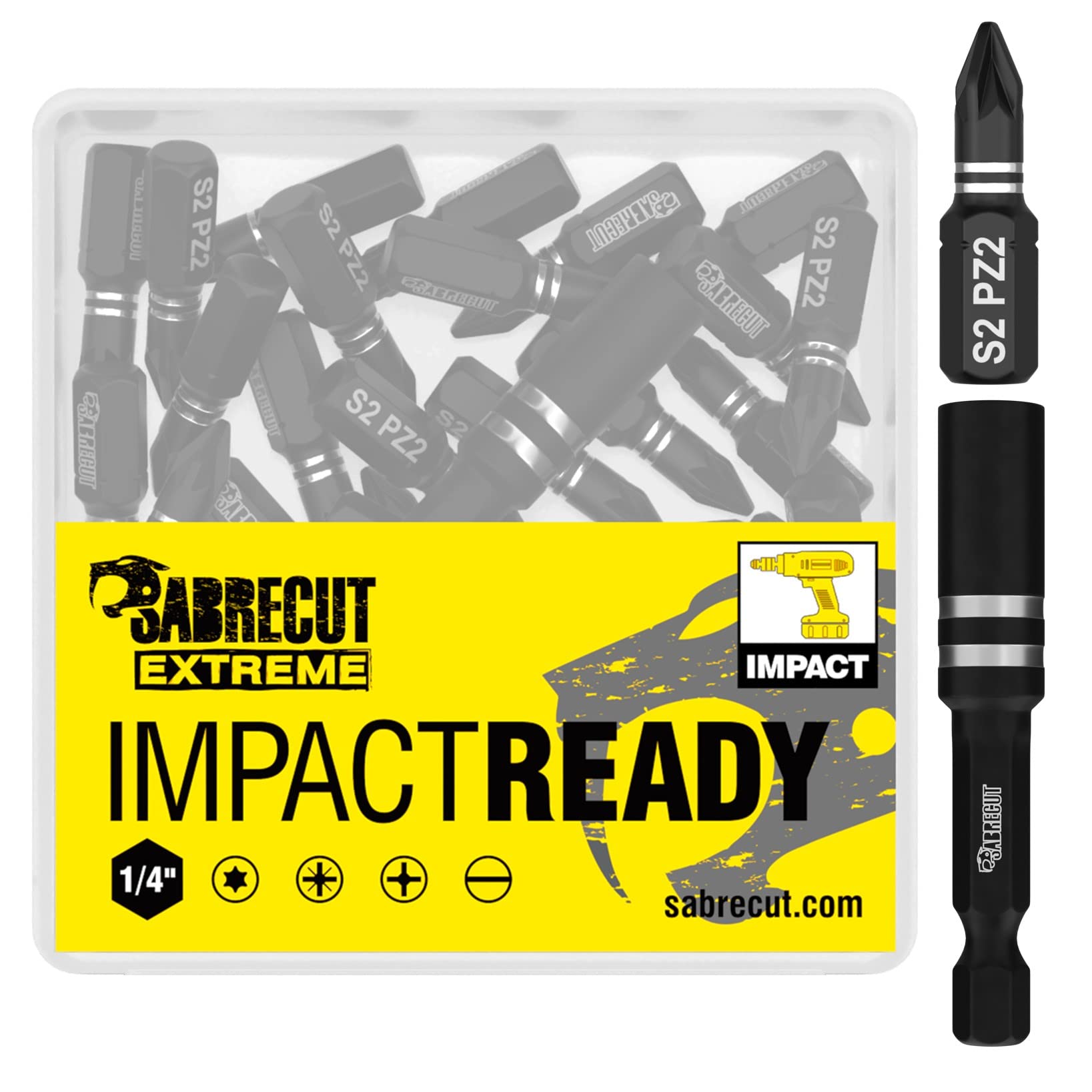 41 x SabreCut SCPA25_41 25mm PZ2 Impact Screwdriver Driver Bits Set Single Ended Pozidriv POZI No.2 Heavy Duty Including Bit Holder and Storage Box