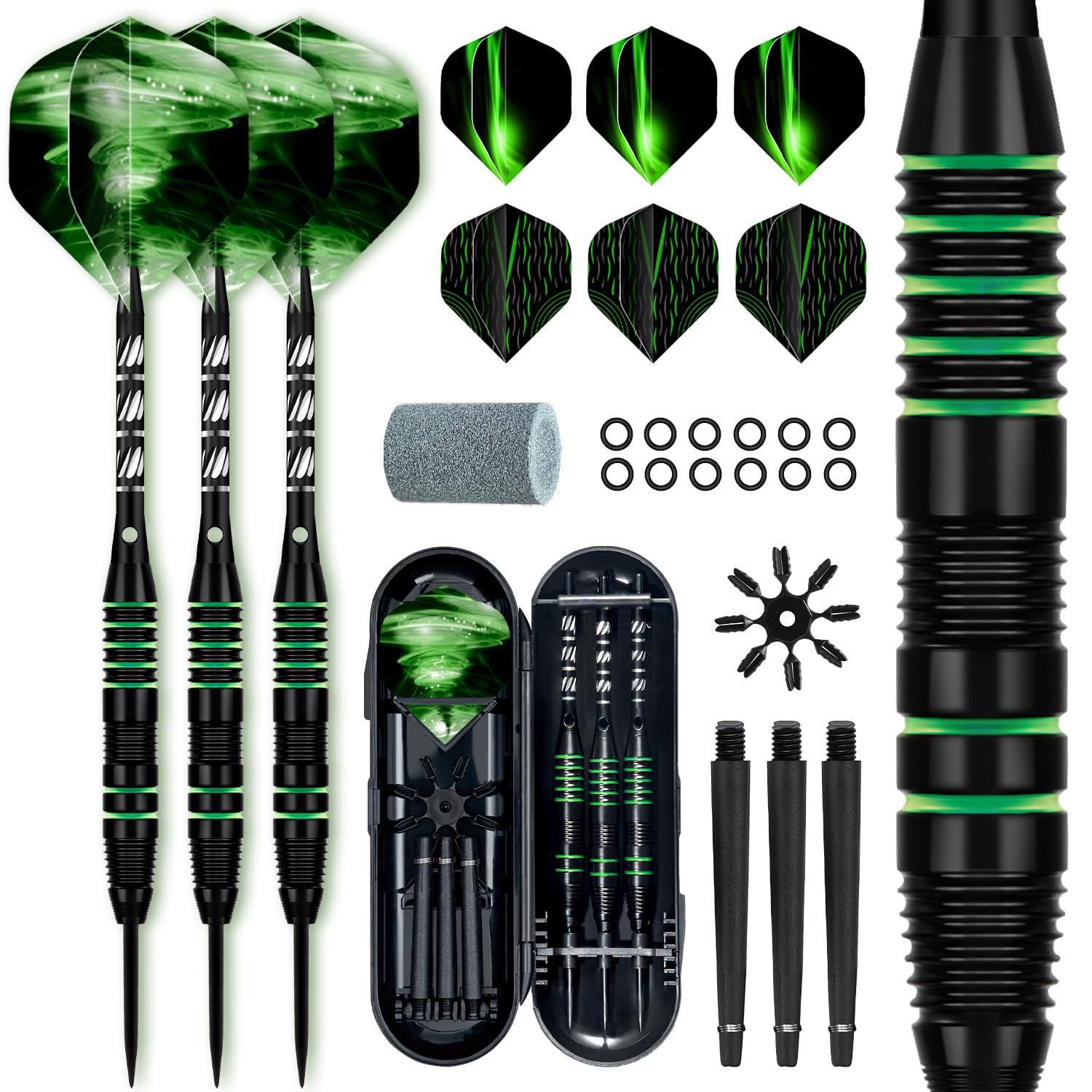 XAWU 3 Pack Steel Tip Darts Set with Case Professional Darts Set 22g with 9 Dart Flights 3 Aluminum Shafts 3 Spare Shafts 1 Dart Sharpener 12 Rubber O-Rings Flight Protector