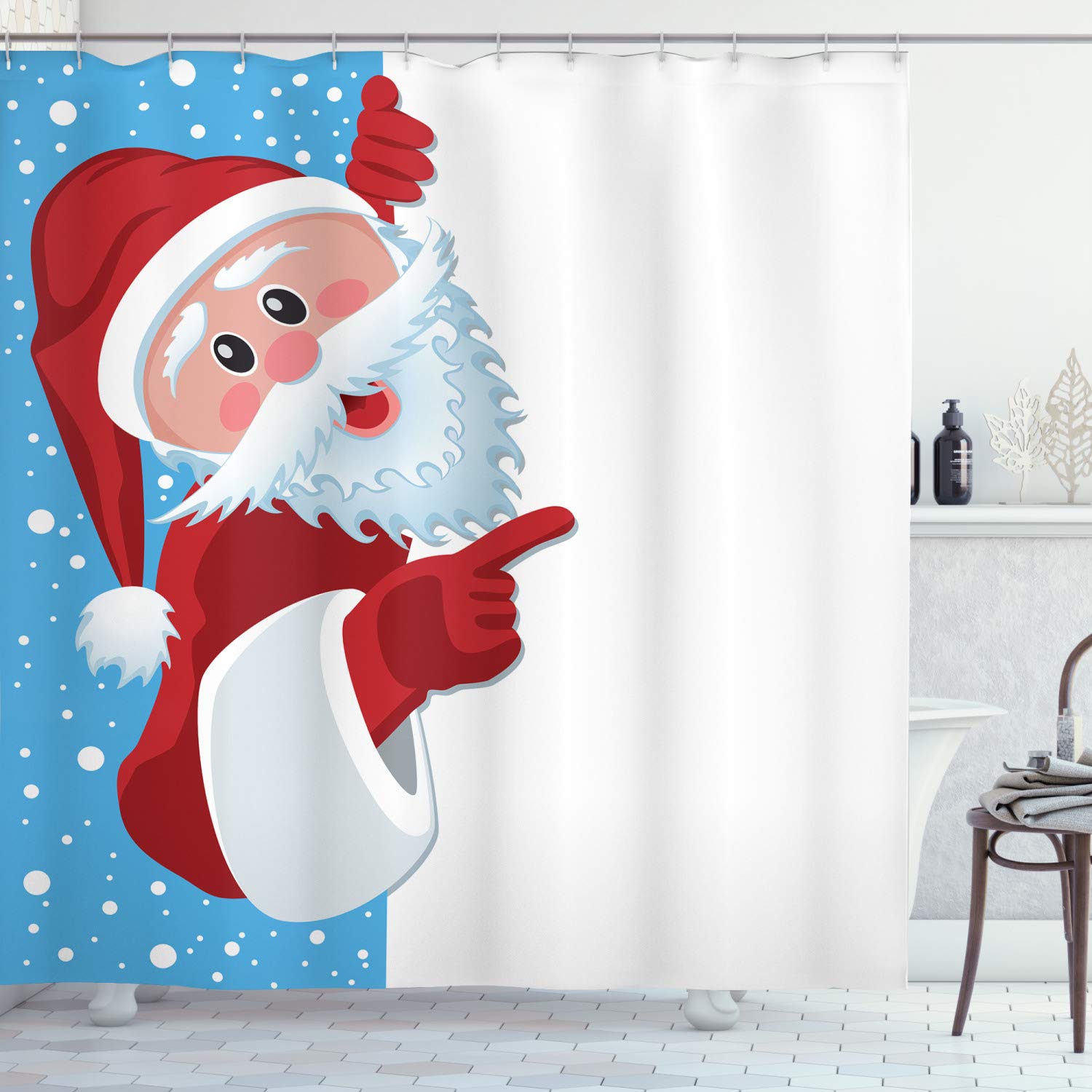 ABAKUHAUS Christmas Shower Curtain, Father Christmas Happy Illustration Winter Snow Season Elements, Cloth Fabric Bathroom Decor Set with Hooks, 70 Inches, Vermilion Blue White
