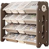 UNICOO Toy Storage Organizer with 14 Lidded Bins, 4-Tier Kids Toy Organizer | Toy Storage Bins with Lids, Kids Toy Storage Shelf, Playroom Storage Organizer, Plastic Bin Rack with Bear Side Panels