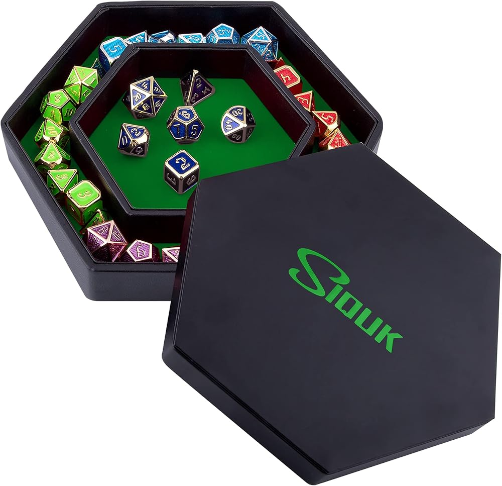 SIQUK Dice Tray with Lid Hexagon Green Dice Rolling Tray for DND RPG Games