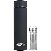 London Sip Multi-Purpose Tea Infuser Travel Mug and Tumbler Fruit Infuser Flask Hot and Cold Double Wall Stainless Steel Thermos with Extra-Long Infuser, Zen Black