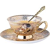 Ebrima Bone China Cup & Saucer Set, European Tea Cup Set with Spoon, Vintage Ceramic Coffee Cups for Home, Kitchen, Wedding, Christmas Gift