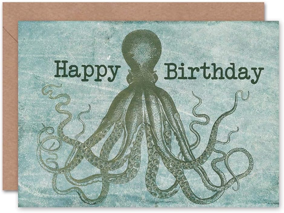 Wee Blue Coo BIRTHDAY HAPPY OCTOPUS TENTACLES ART GREETINGS GREETING CARD GIFT, green|beige, 12.5 x 17.5 cm