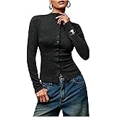 RoseSeek Women's Button Down Crop Tops Mock Neck Long Sleeve T Shirts Elegant Fall Top