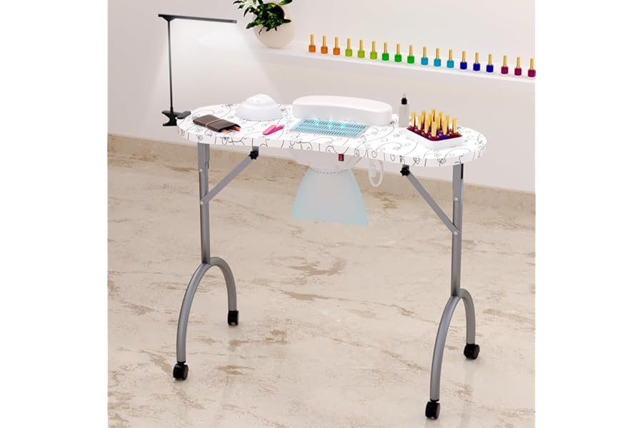 ynhunreth Portable Nail Table for Nail Tech on Wheels, Foldable Professional Manicure Table Travel Nail Desk with LED Lamp/Dust Collector/3 Dust Bags/Wrist Cushion/Storage Bag, White