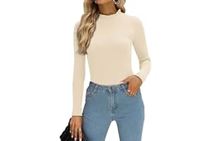 PINKMSTYLE Womens Long Sleeve Ruffle Mock Neck Bodysuit Jumpsuit Ribbed Slim Fit Tops Business Casual Outfits