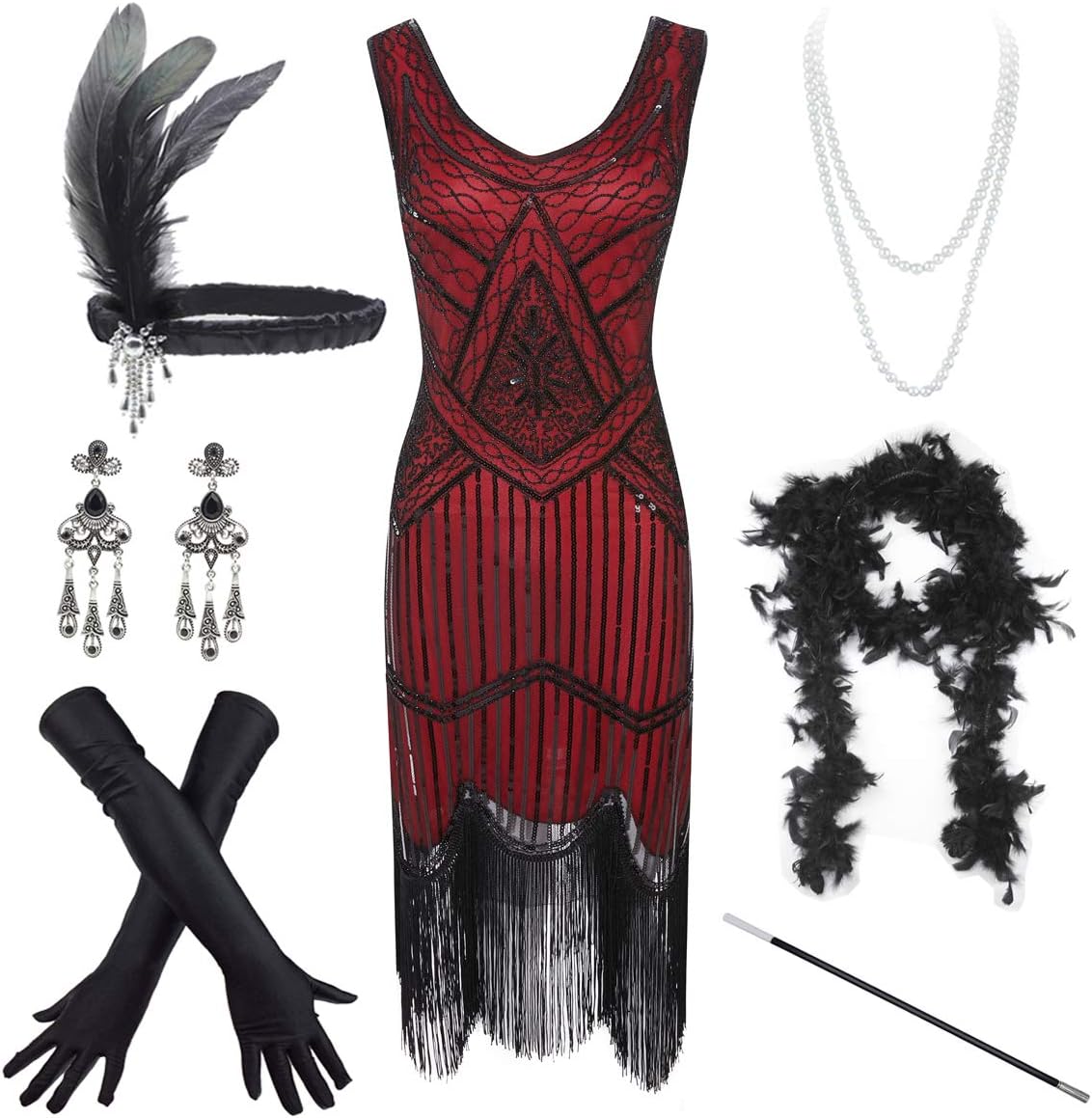 IWIWBWomen's Vintage 1920s Sequin Beaded Tassels Hem Flapper Dress w/accessories Set