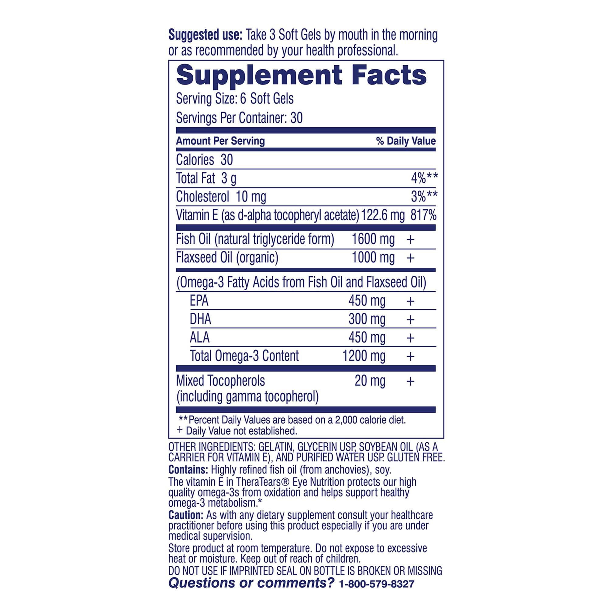 TheraTears Omega 3 Supplement for Eye Care, 1200mg Fish Oil and Organic Flaxseed Oil with Vitamin E, 180 Count