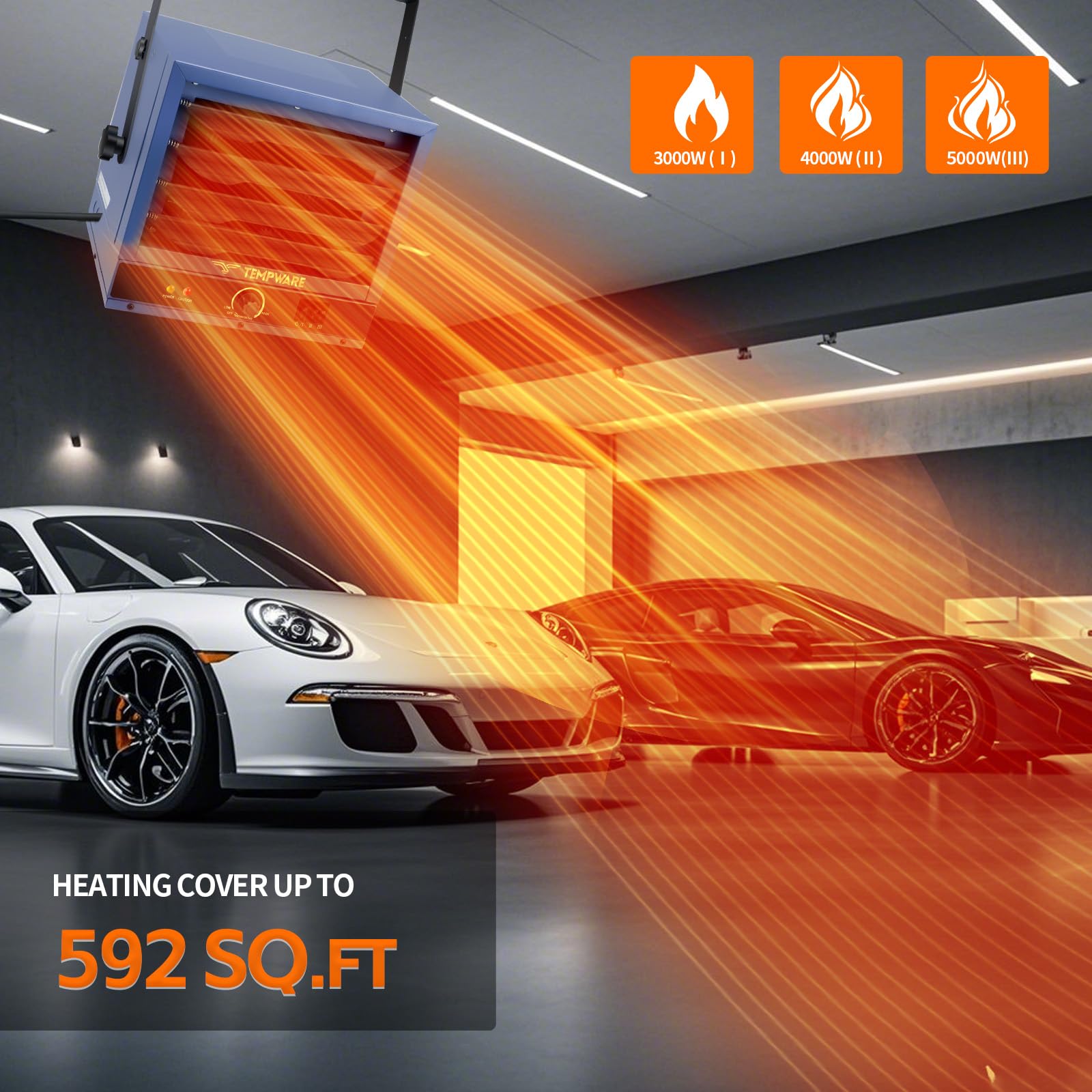 TEMPWARE Electric Garage Heater, 5000-Watt Ceiling Mount Shop Heater with 3 Heat Levels, 240-Volt Hardwired Fan-Forced, Ideal for Workshop