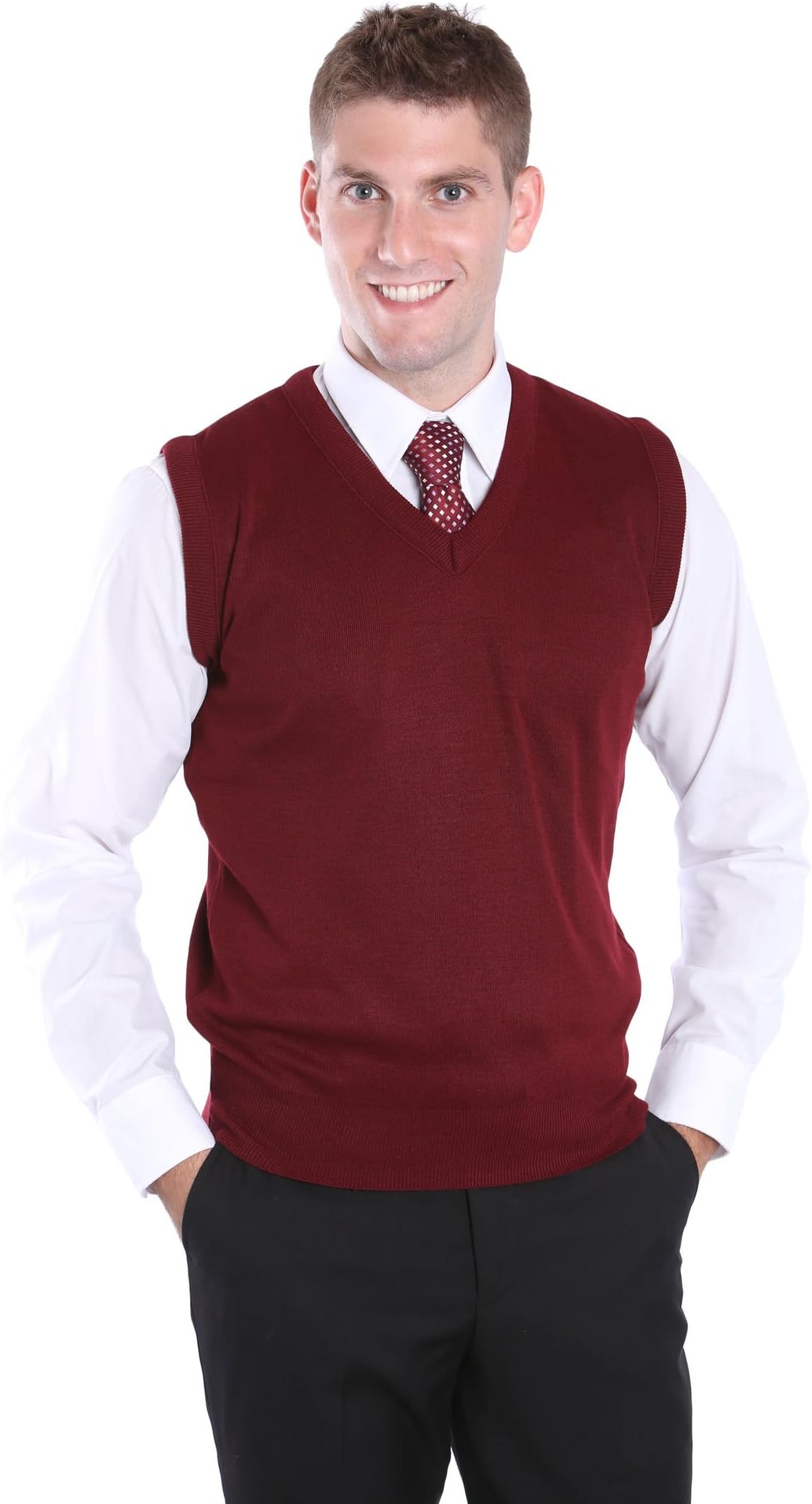 Andrew Rohan Men's Acrylic V-Neck Sweater Vest, Burgundy, Small
