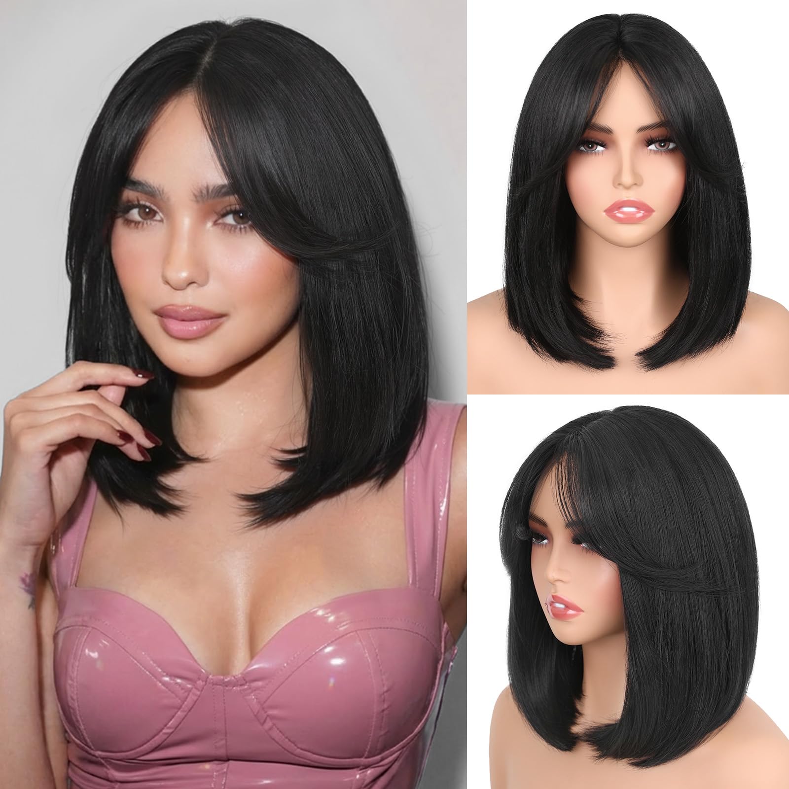 Photo 1 of HANNE Bob Wigs for Women 12 Inch Short Black Wig with Curtain Bangs 3-Row Hand-Tied Lace Glueless Hair Replacement Wig for Cosplay Mia Wallace Moira Tina Every Occasion (Natural Black)