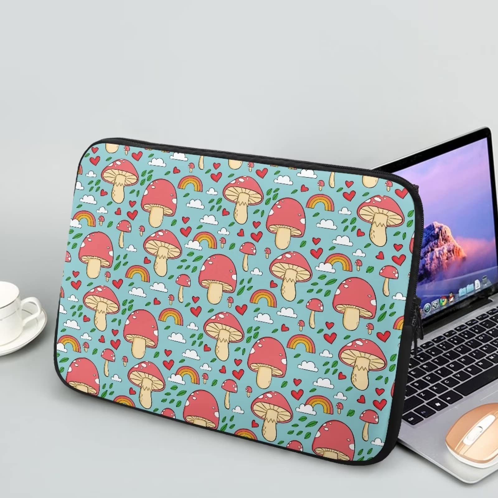 Showudesigns Mushroom Laptop Sleeve Case for Women - Durable 13 inch Cute Laptop Tote Bag Easy To Clean Pouch Rainbow Cloud Briefcase
