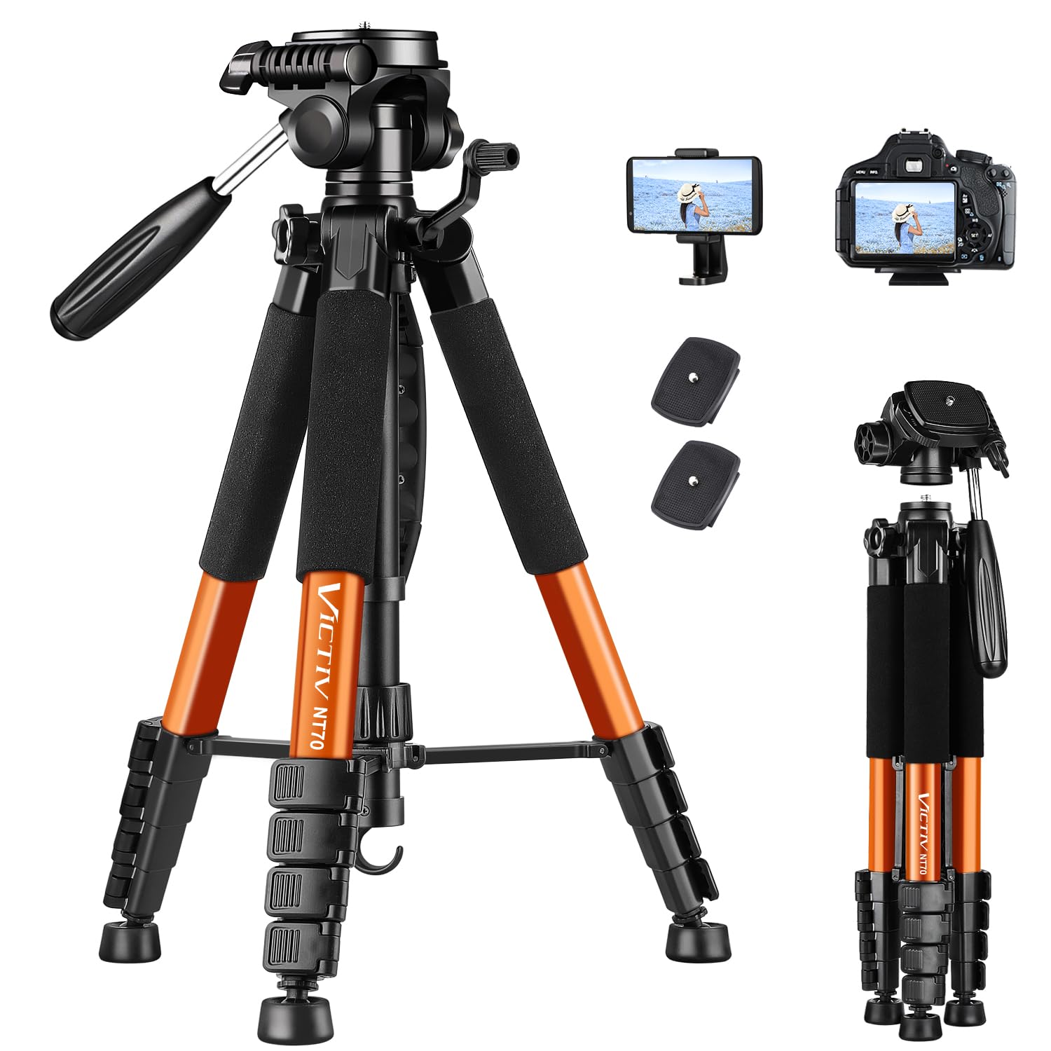 Photo 1 of Victiv Tripod 74-Camera-Tripod for Cell Phone, Aluminum Professional Heavy Duty Camera Tripod Stand, Tripod for Camera DSLR SLR with Carry Bag, Compatible with Canon Nikon iPhone