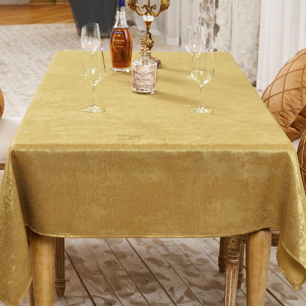 BALCONY & FALCON Table Cloth Wipe Clean Waterproof Rectangular – Linen-Effect Shimmer Washable Tablecloth for Dining, Kitchen, Outdoor, Party, Picnic, Wedding, Christmas – Gold, 140 x 240 cm