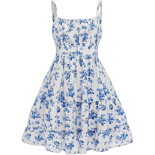 Amazon.com: Floerns Girl's Floral Print Spaghetti Strap Sundress Square  Neck Ruched Cami Dress Blue 8Y: Clothing, Shoes & Jewelry