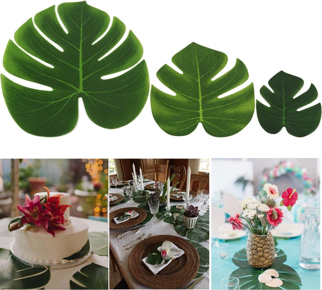 Artificial Monstera Leaves Faux Palm Tree Leaves Fake Green Leaf for Luau Hawaiian Jungle Safari Tiki Tropical Theme Party Decor Birthday Wedding Supplies Wall Table Decorations,60PCS in 3 Sizes