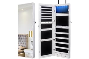 SCWF-GZ 47" H Jewelry Armoire Full Length Mirror Cabinet Storage Organizer w/LED Light Wall-Mounted/Door-Hanging Lockable for Bedroom Makeups White