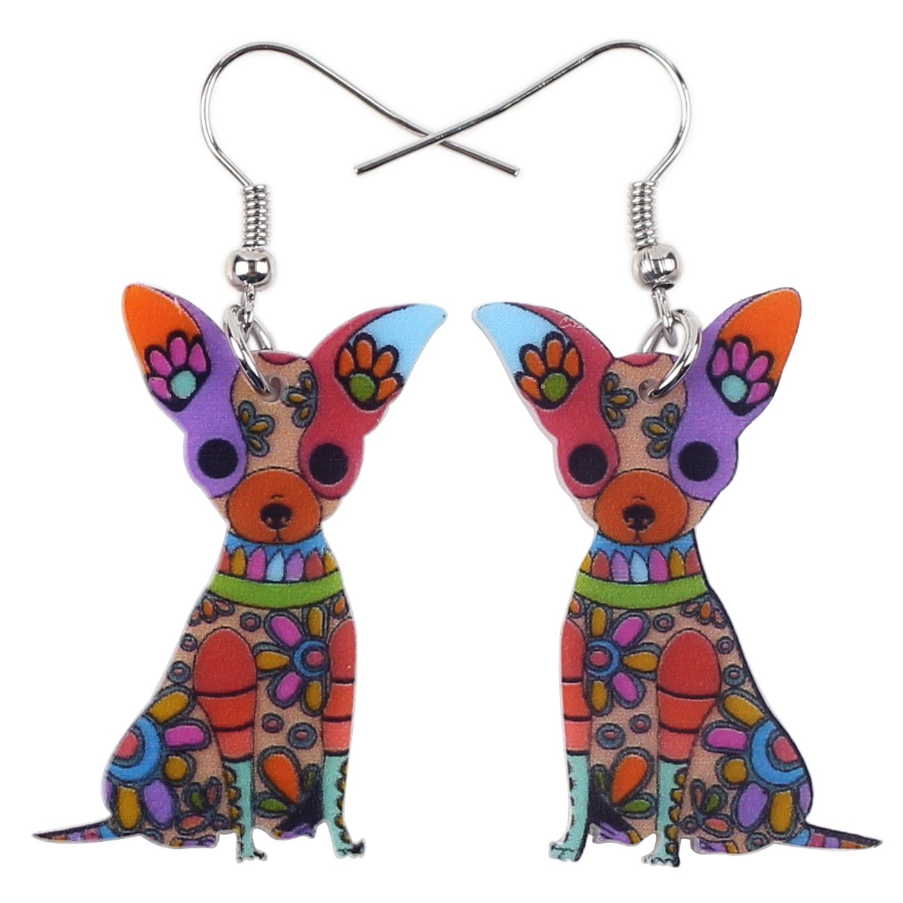 BONSNY Signature Pop-Art Dog Collection. "CHERRY" Chihuahua Puppy Dog Dangle Statement Earrings (Multi)