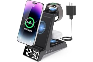 ANJANK 4 in 1 Wireless Charging Station Alarm Clock, Charging Dock for Apple Devices, Charger Stand for iPhone 17 Air 16 15 14 13 12 Series for Apple Watch 11 10 9 8 7 6 5 UItra/SE & AirPods, Dimmable