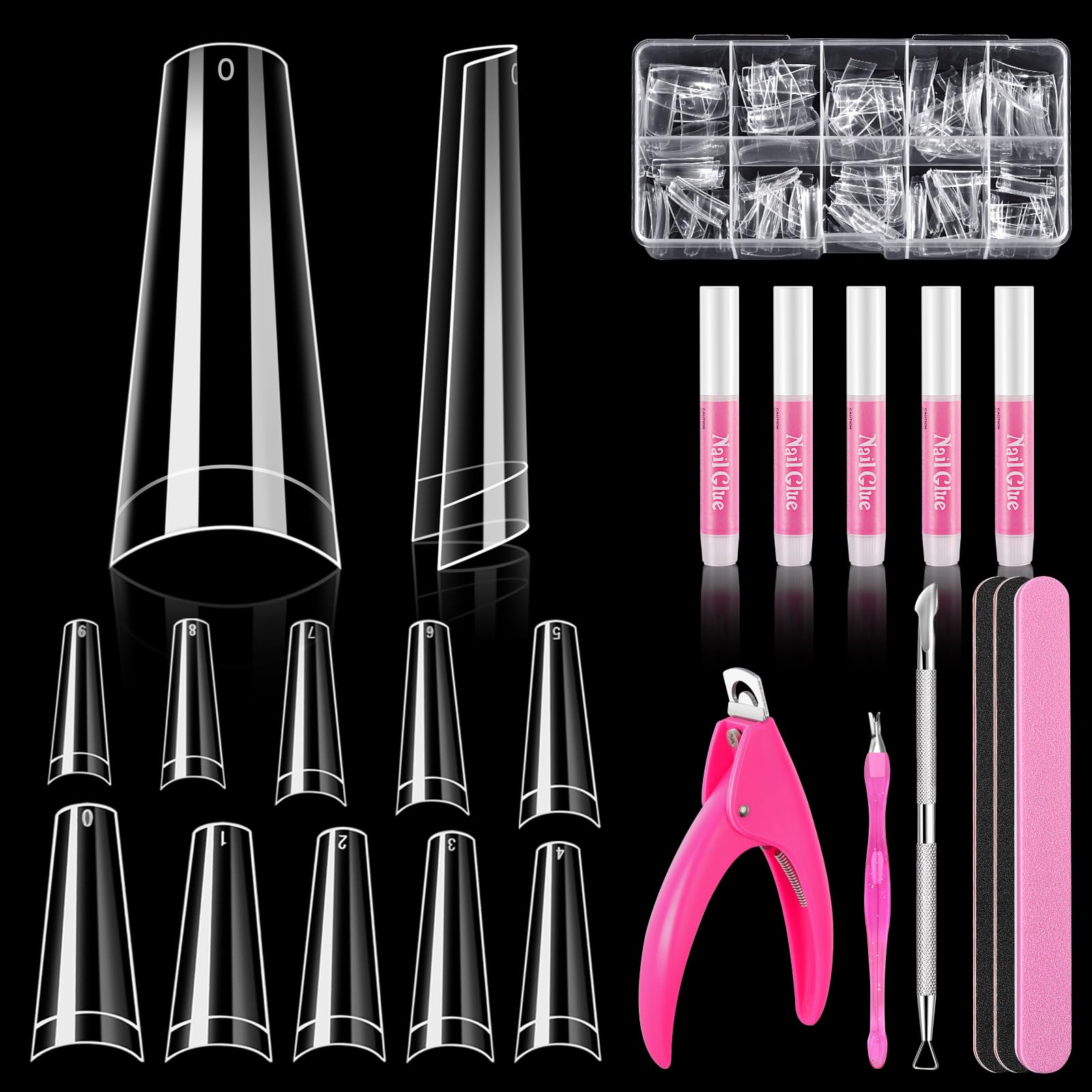 False Nails, MORGLES 500pcs Acrylic Coffin Clear Fake Nails with Glue, Clippers, Cuticle Pusher and Fork,10 Sizes(0-9) in Box