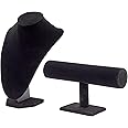 Juvale 2-Piece Black Velvet Jewelry Display Set, T-Bar Stand and Mannequin Bust for Necklaces, Bracelets, Bangles, Chains, Anklets, Earring Holder for Retail Shops, Boutiques