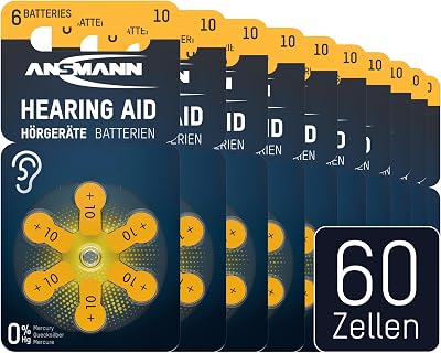 Pilas para audífonos Tipo 10 Amarillo PR70 P10 ZL4, 60 Unidades, Calidad Alemana, Paquete de Ahorro, Pilas para audífonos y audífonos, fácil de agarrar