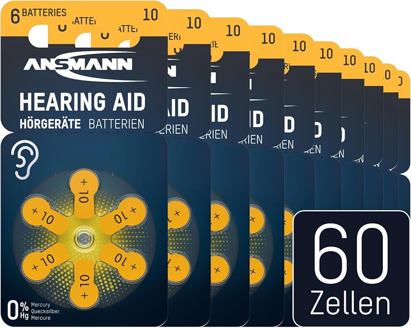 Pilas para audífonos Tipo 10 Amarillo PR70 P10 ZL4, 60 Unidades, Calidad Alemana, Paquete de Ahorro, Pilas para audífonos y audífonos, fácil de agarrar