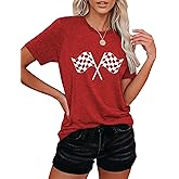 Racing Shirt for Women Checkered Flag Racing Shirts Race Lover Shirt Funny Racing Short Sleeve Tops