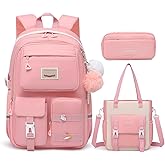 Alrisg Girls Backpack Student Laptop Book Bag with Multiple Pockets for Teen Kids Elementary Middle School Travel Daypack Pink Tote