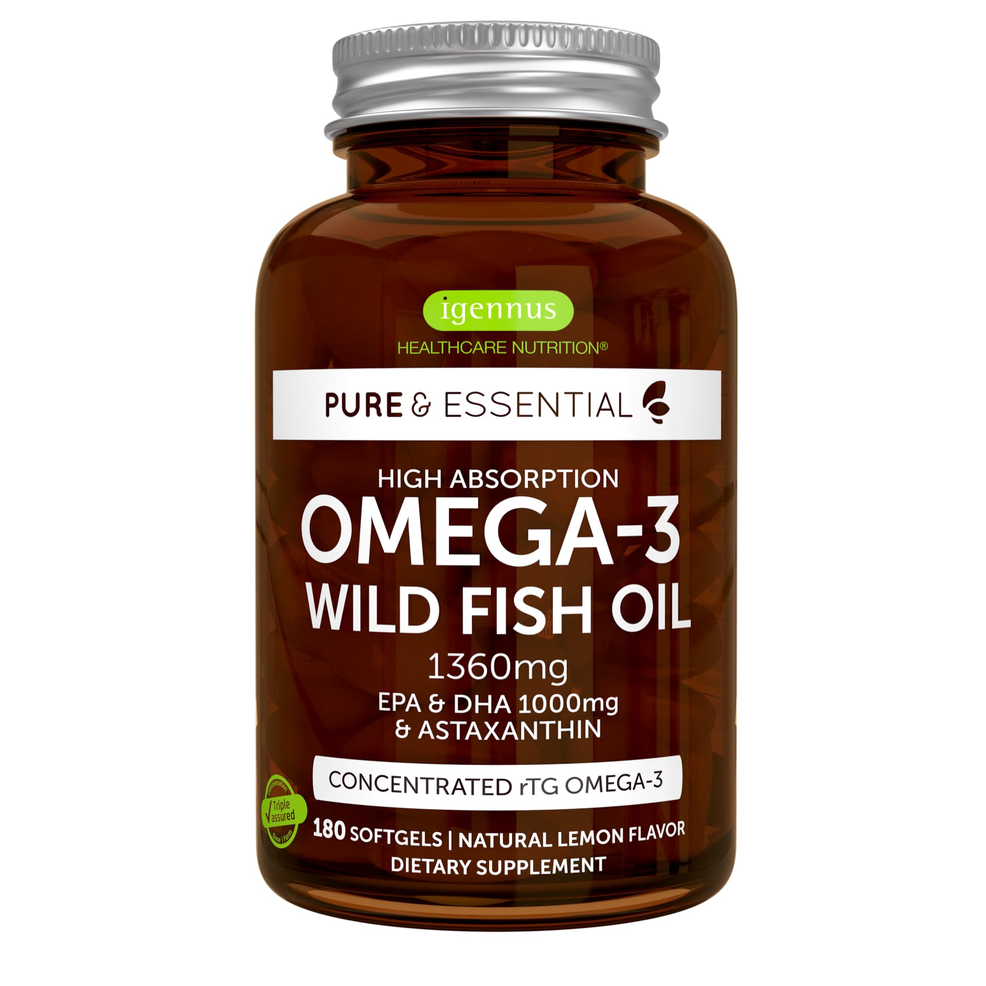 Igennus Ultra Pure Omega 3 Triglyceride rTG Wild Fish Oil 1360mg, IFOS Certified, EPA DHA 1000mg Plus Astaxanthin, Non-GMO, for Men & Women, 180 Softgels