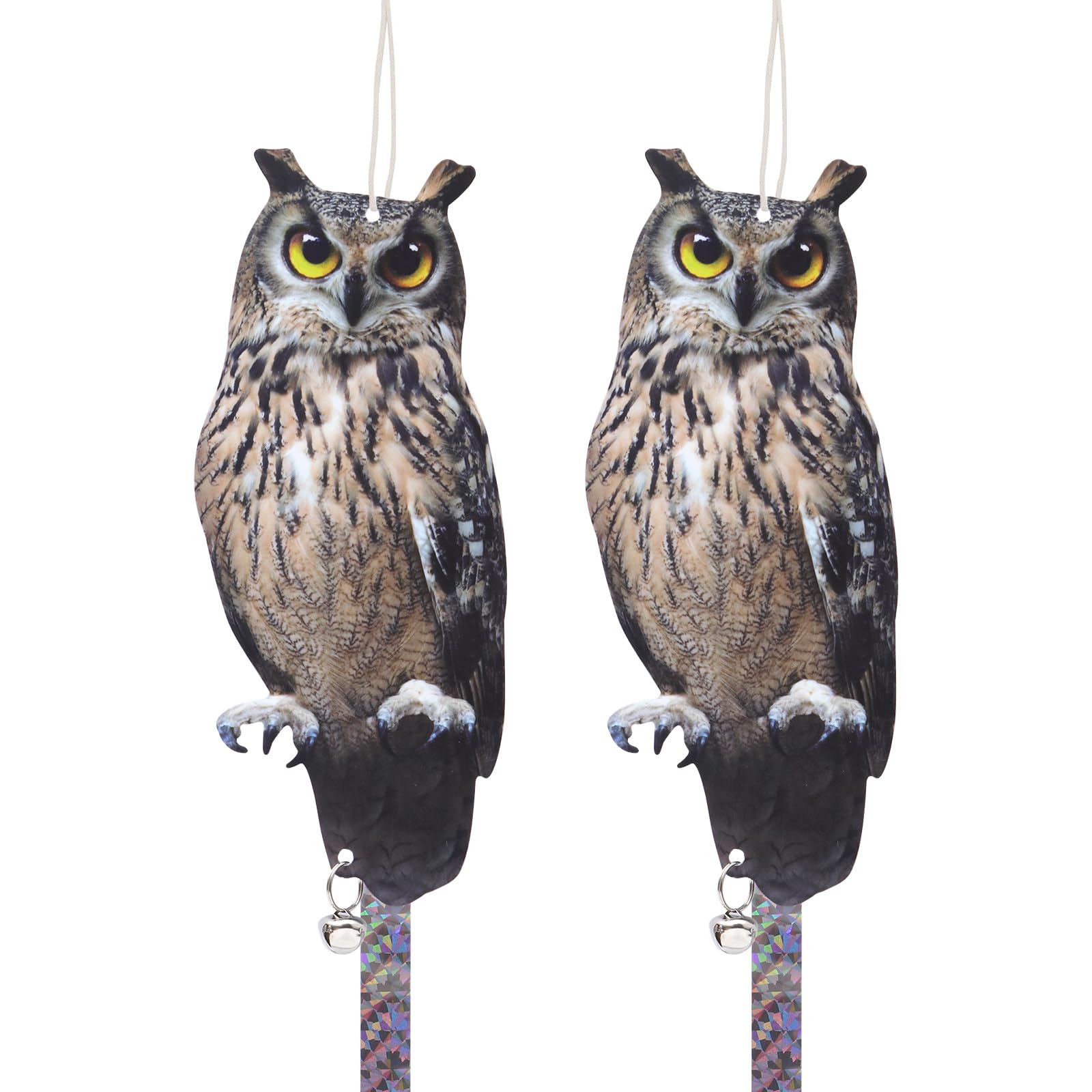 Kungfu Mall Fake Owl Decoy to Scare Birds, 2PCS Pigeon Deterrent Bird Scarer Reflective Owl Hanging Decoration Bird Control Device to Keep Birds Away from Garden Patio Windows