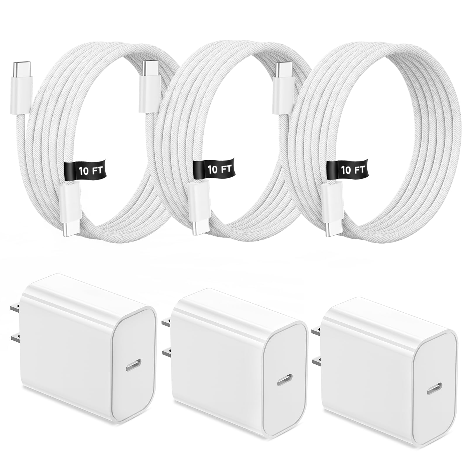 Fast USB C Charger Block for iPhone 17 16 15,10FT Long 3Pack USBC to USBC Cable iPad Cord 20W Travel Plug Fast Charging Braided Cable for iPhone 17 Air/Pro/Max/16 Pro/Plus/15/15 Pro/Pro Max,iPad Pro